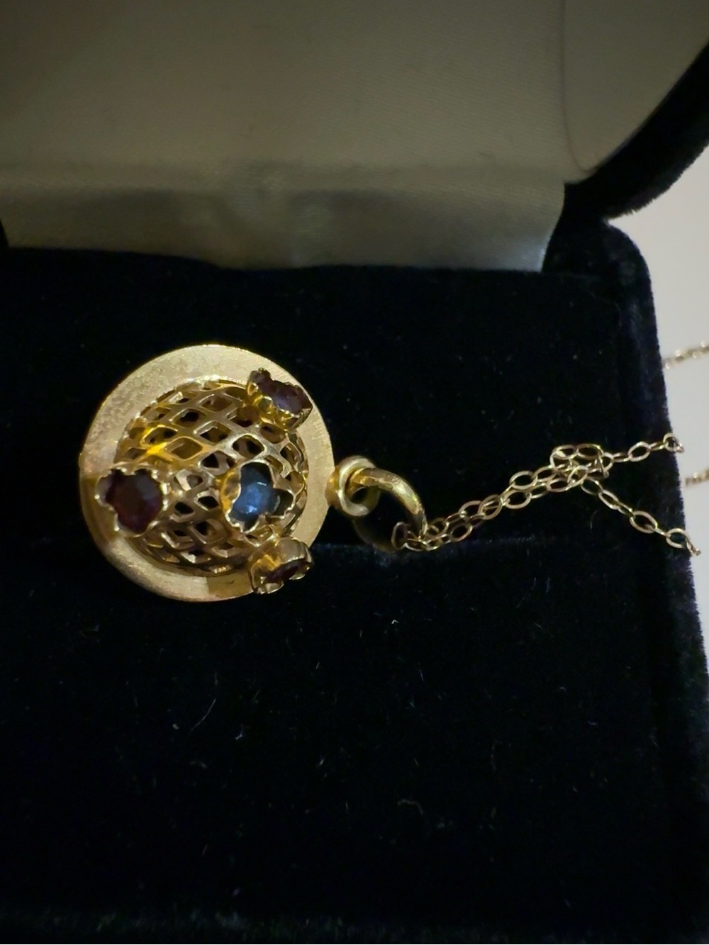 Vintage 18k (750) gold, sapphire, emerald and ruby Sputnik style orb pendant